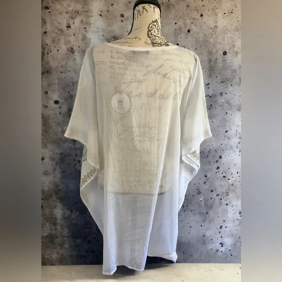 NWT Eya Collection White Tunic Gauzy Coverup, Gold & Blue Mediterranean Print - Picture 5 of 13